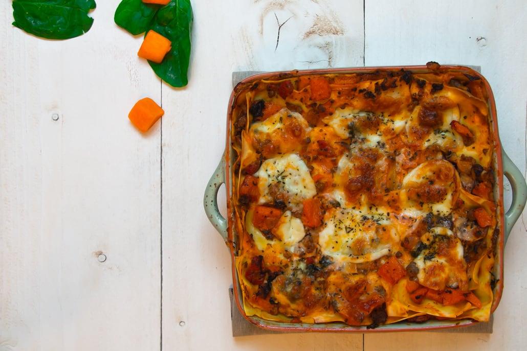 Snelle lasagne met pompoen en spinazie