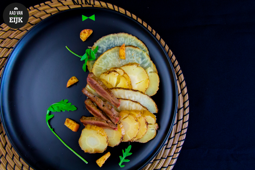 Carpaccio van vergeten groenten met runderlever